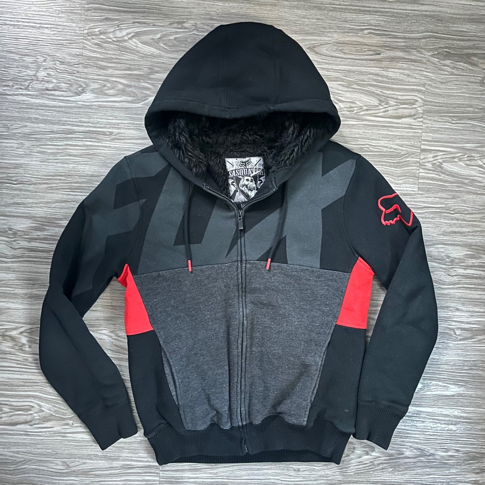 Fox Racing Sasquatch Faux Fur Lined Zip Hoodie Black Red 17477 Mens Small
